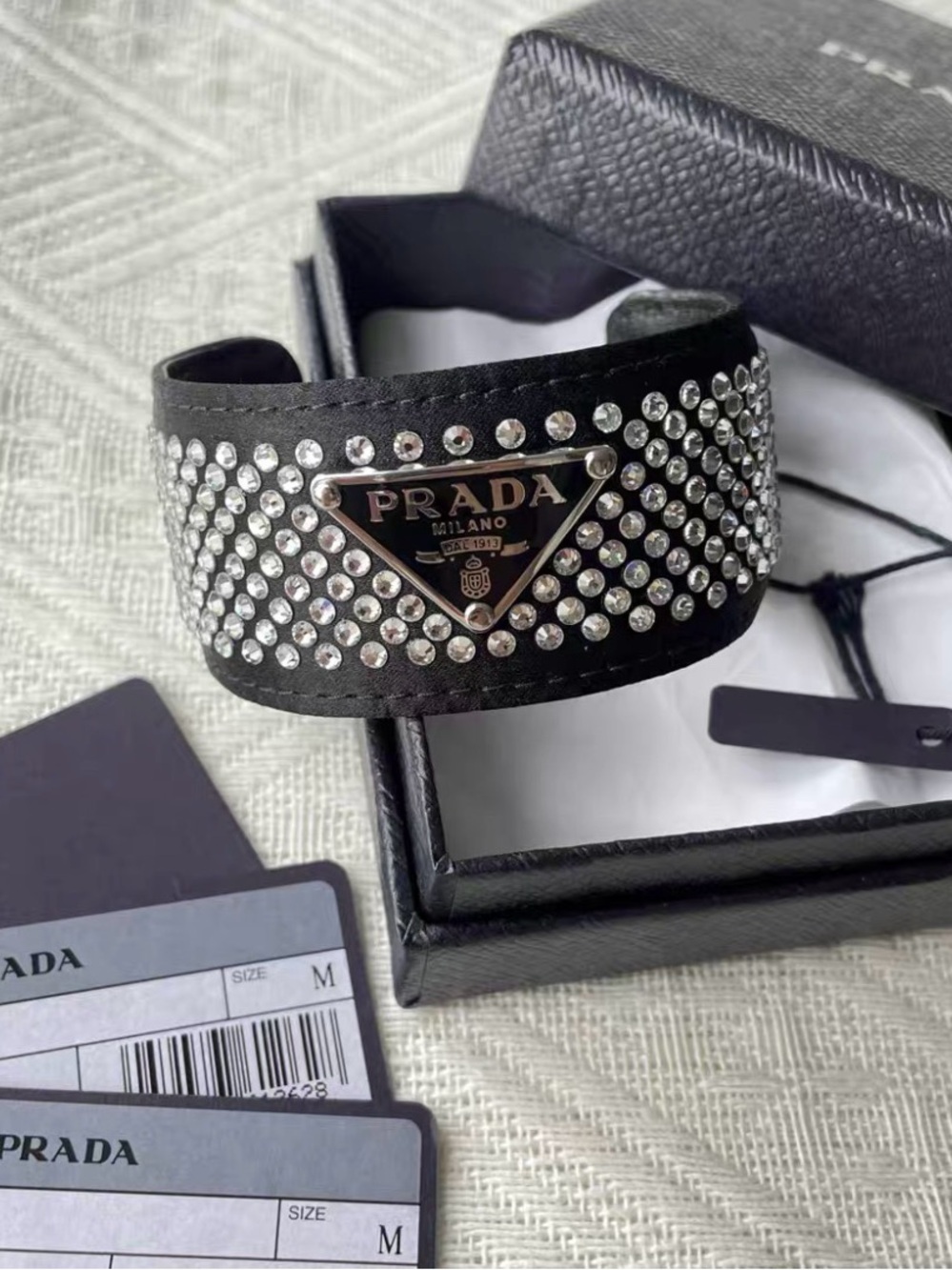 🚩steal Prada Black Leather Crystal-Studded Logo Cuff